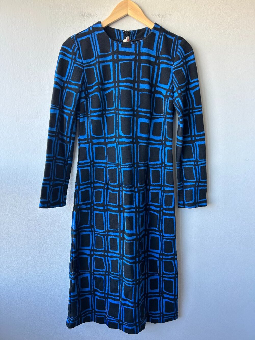 Marni Blue Black Geometric Grid Print Long Sleeve Midi Dress Size 2